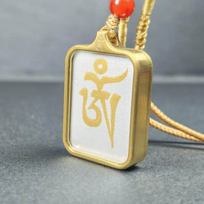 Hand-Painted OM Letter Locket Tibetan Gau Box Amulet - Tibetan Buddhist amulet, front view