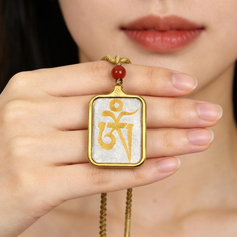 Hand-Painted OM Letter Locket Tibetan Gau Box Amulet - Tibetan Buddhist amulet, close-up detail