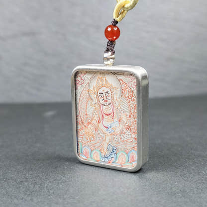 Hand-Painted Yellow Jambhala Locket Thangka - Tibetan Gau Box Amulet - Tibetan thangka painting, front view