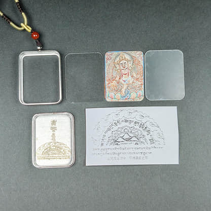 Hand-Painted Yellow Jambhala Locket Thangka - Tibetan Gau Box Amulet - Tibetan thangka painting, detailed view