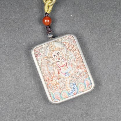 Hand-Painted Yellow Jambhala Locket Thangka - Tibetan Gau Box Amulet - Tibetan thangka painting, close-up detail