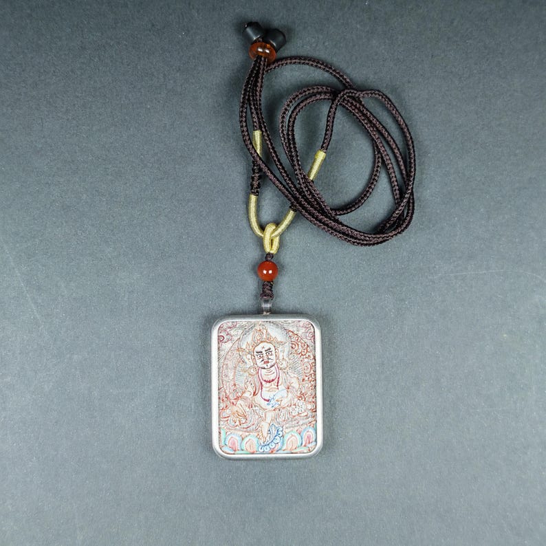 Hand-Painted Yellow Jambhala Locket Thangka - Tibetan Gau Box Amulet - Tibetan thangka painting, view 8