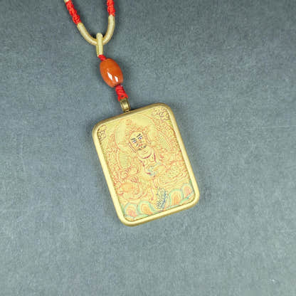 Hand-Painted Yellow Jambhala Locket Thangka - Tibetan Gau Box Amulet - Tibetan thangka painting, view 4