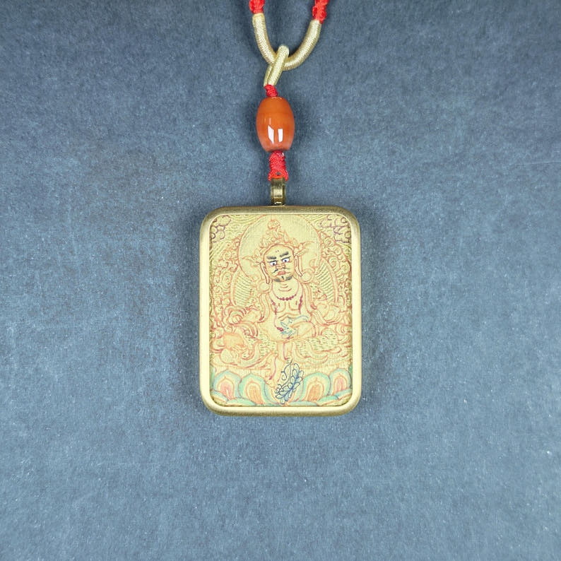 Hand-Painted Yellow Jambhala Locket Thangka - Tibetan Gau Box Amulet - Tibetan thangka painting, view 6