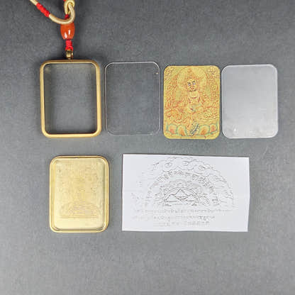Hand-Painted Yellow Jambhala Locket Thangka - Tibetan Gau Box Amulet - Tibetan thangka painting, view 8