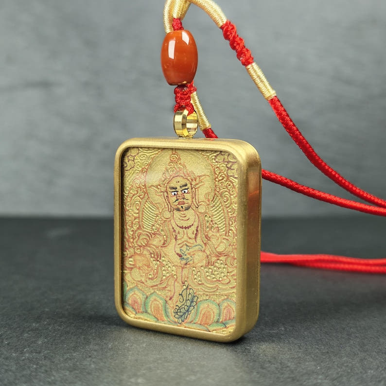 Hand-Painted Yellow Jambhala Locket Thangka - Tibetan Gau Box Amulet - Tibetan thangka painting, front view