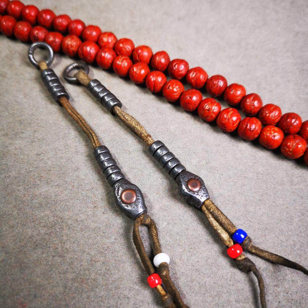 6mm Cold Iron Prayer Bead Counters with Mantra Dot Pendant - Tibetan Buddhist art, front view
