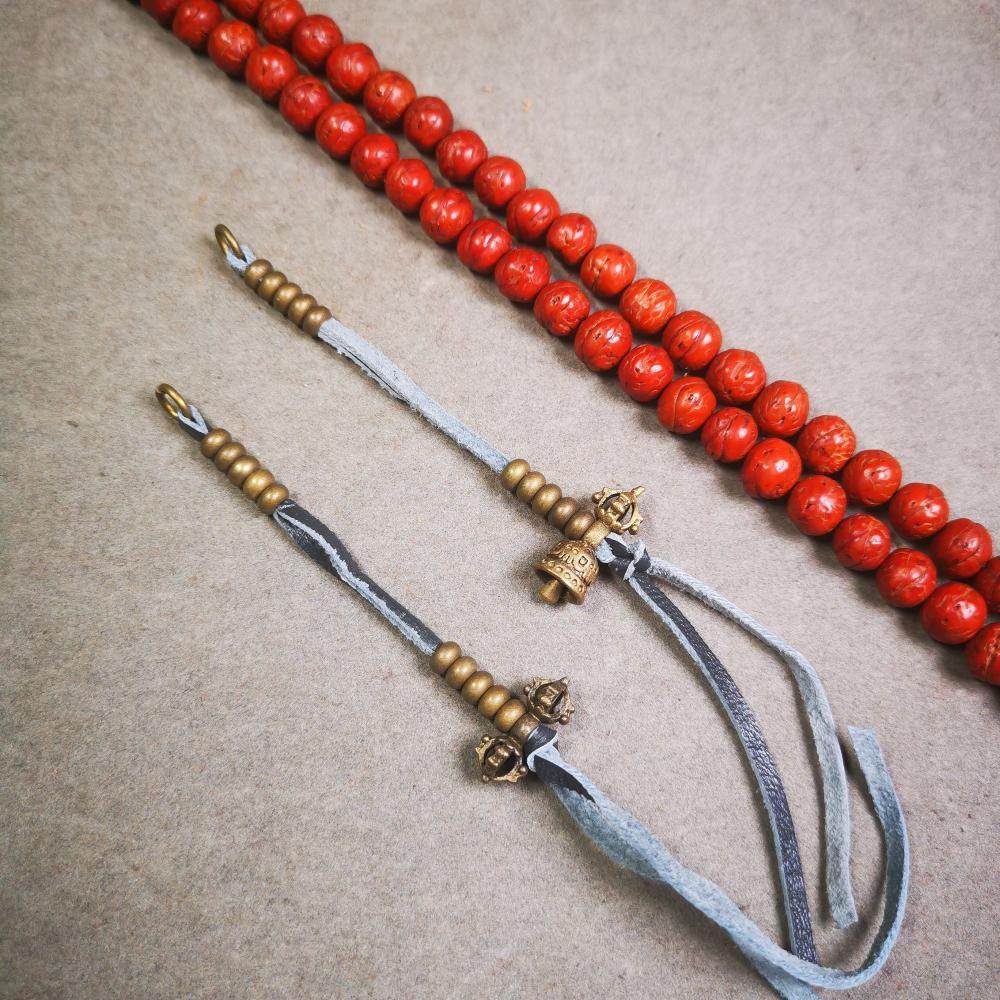 5mm Brass Prayer Bead Counters with Dorje Bell Pendant - Tibetan Buddhist art, front view