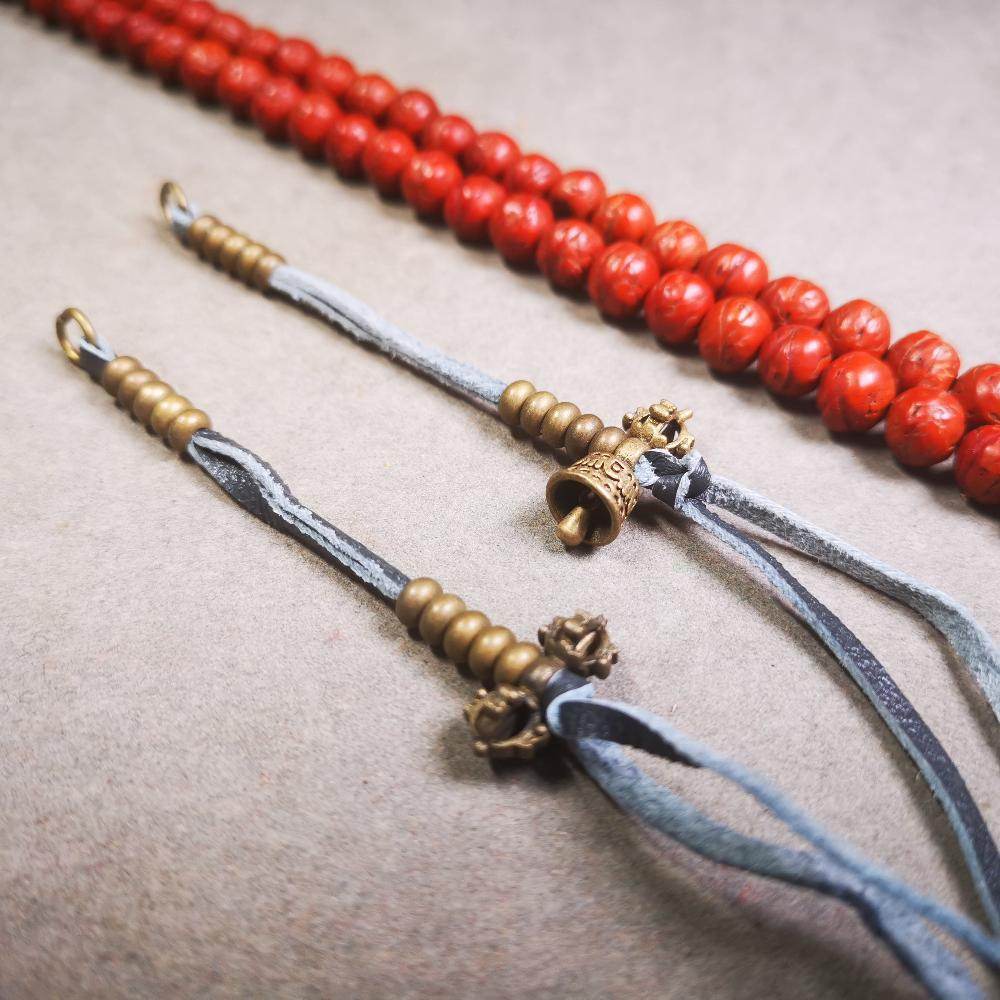 5mm Brass Prayer Bead Counters with Dorje Bell Pendant - Tibetan Buddhist art, close-up detail