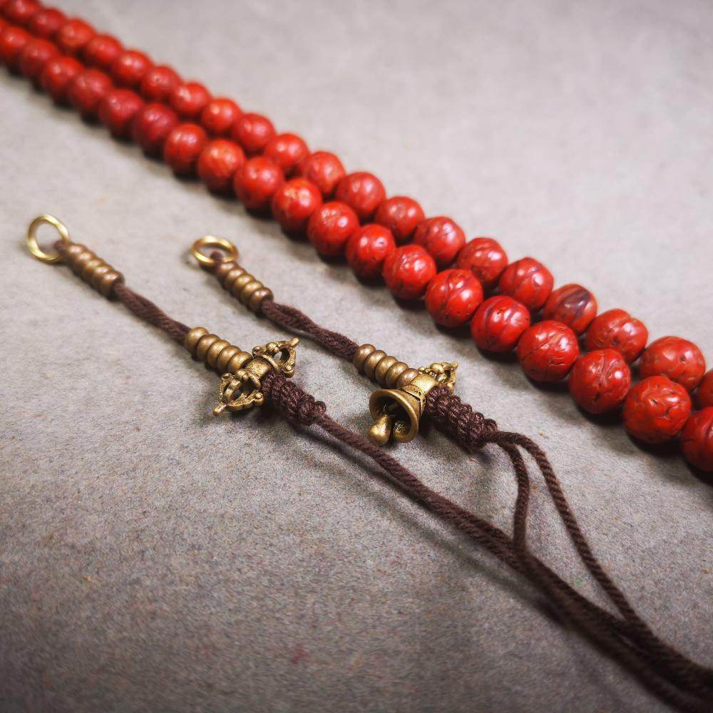 4mm Brass Prayer Bead Counters with Dorje Bell Pendant - Tibetan Buddhist art, close-up detail