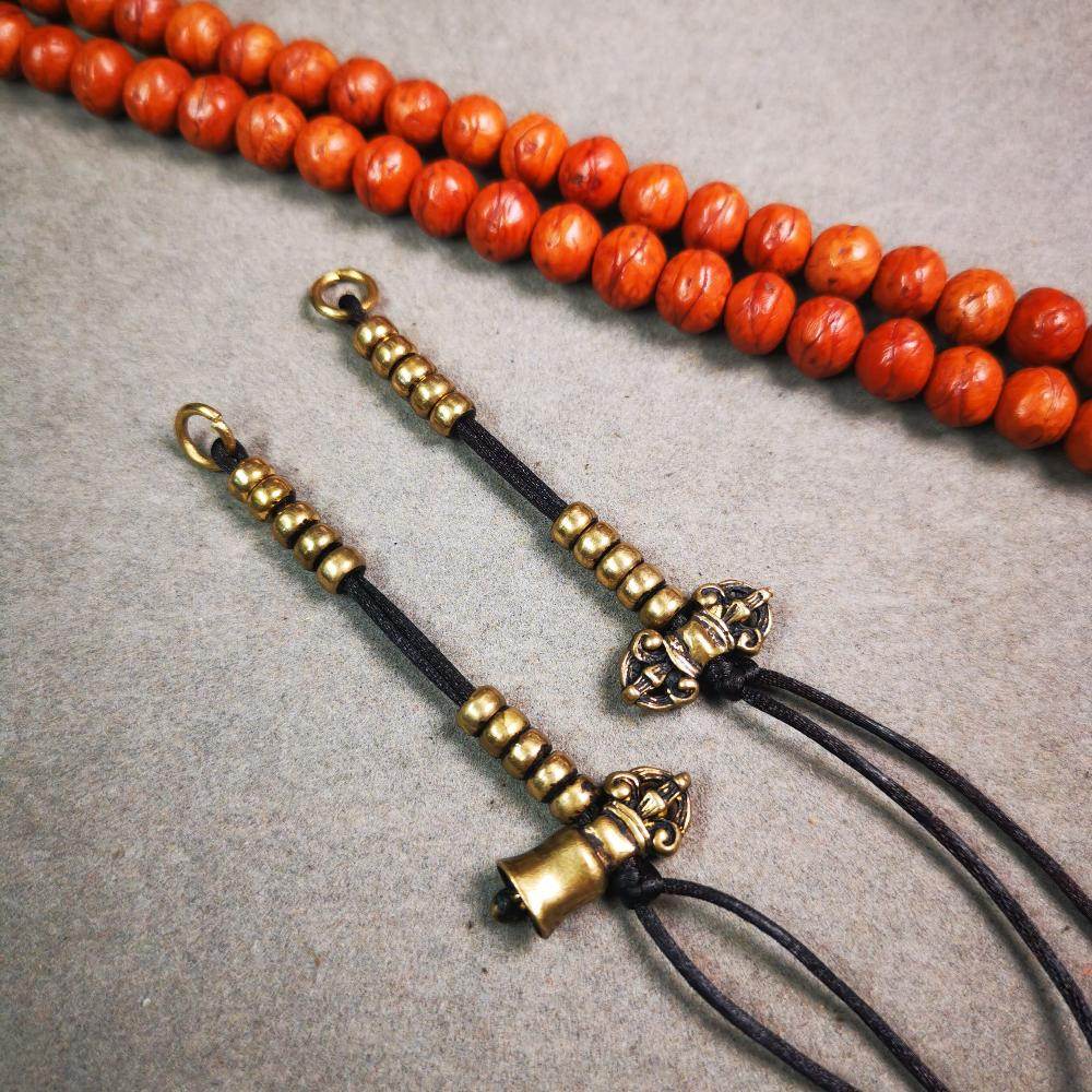 5mm Brass Prayer Bead Counters with Dorje Bell Pendant - Tibetan Buddhist art, front view