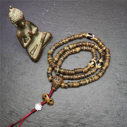 Old Kapala Skull Bone Mala - Tibetan Buddhist mala beads, detailed view