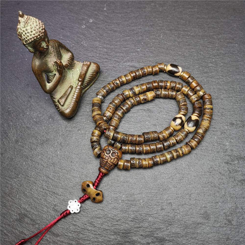 Old Kapala Skull Bone Mala - Tibetan Buddhist mala beads, detailed view