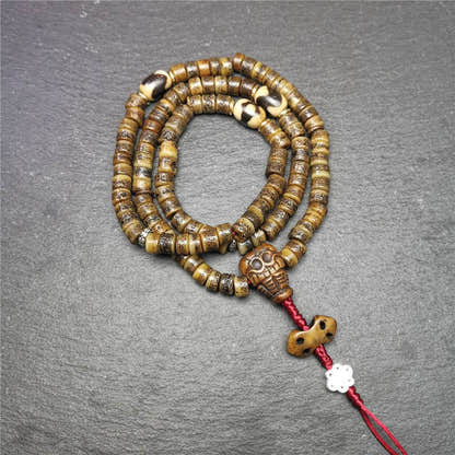 Old Kapala Skull Bone Mala - Tibetan Buddhist mala beads, front view