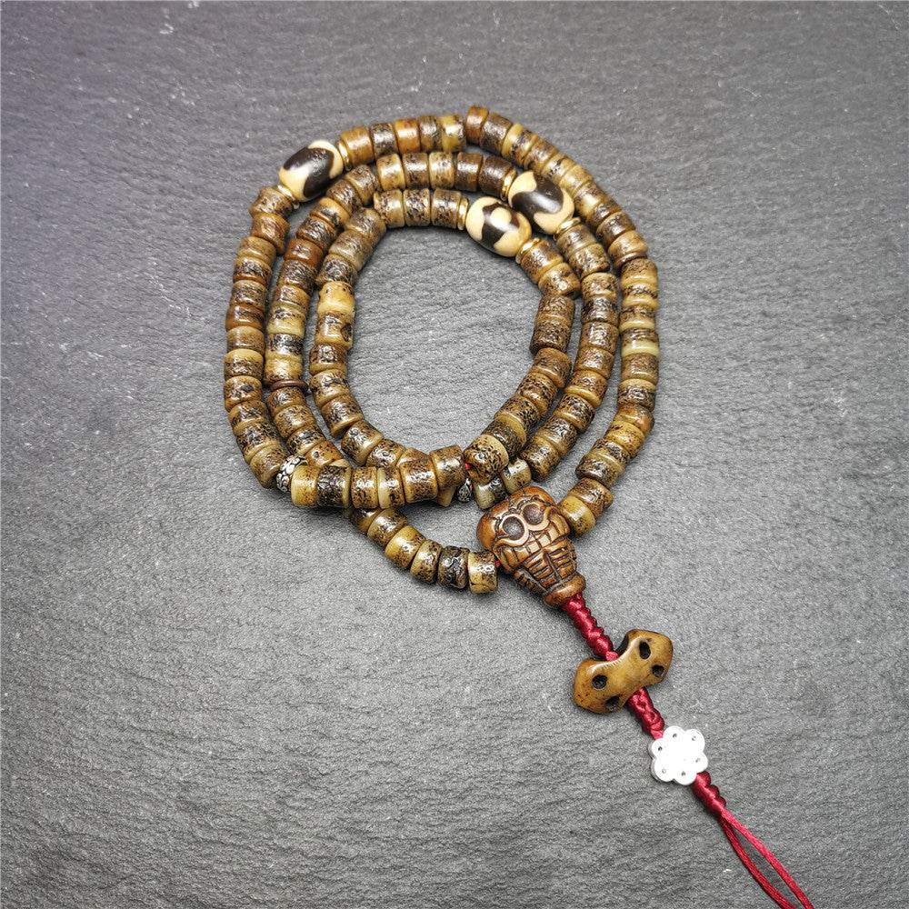 Old Kapala Skull Bone Mala - Tibetan Buddhist mala beads, front view