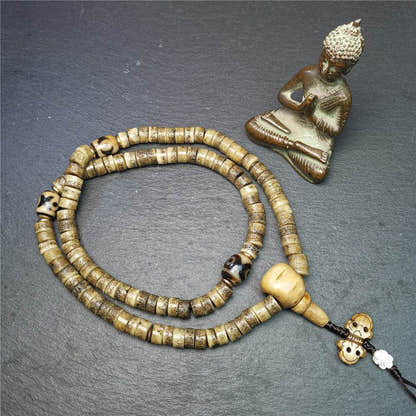 Old Kapala Skull Bone Mala - Tibetan Buddhist mala beads, detailed view