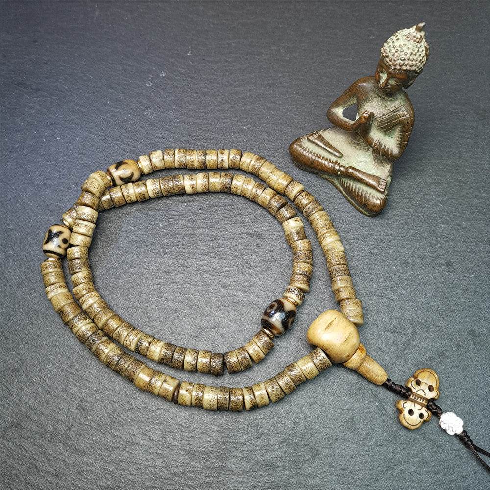Old Kapala Skull Bone Mala - Tibetan Buddhist mala beads, detailed view