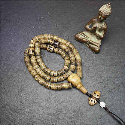 Old Kapala Skull Bone Mala - Tibetan Buddhist mala beads, close-up detail