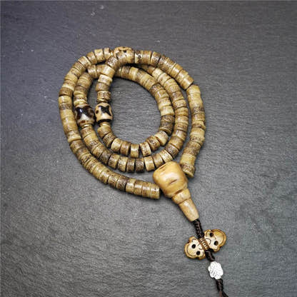 Old Kapala Skull Bone Mala - Tibetan Buddhist mala beads, front view