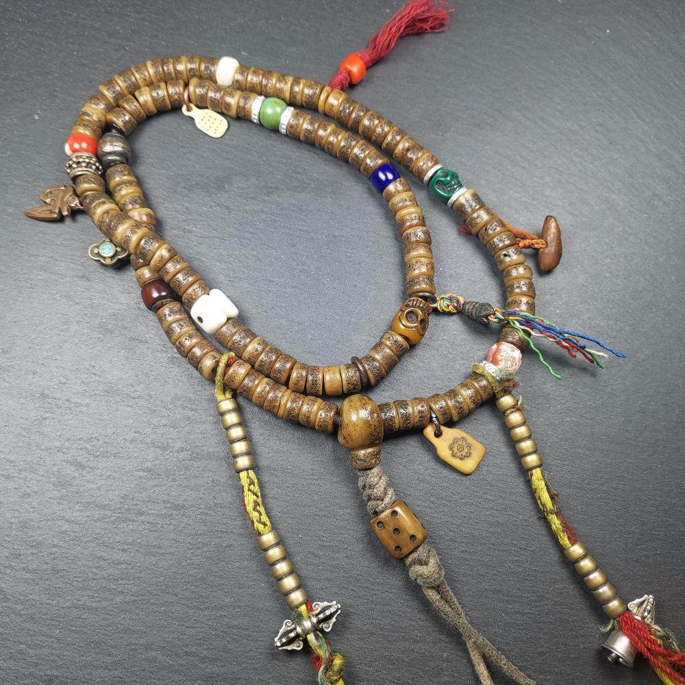 Old Kapala Skull Bone Mala - Tibetan Buddhist mala beads, detailed view