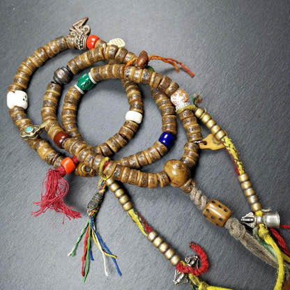 Old Kapala Skull Bone Mala - Tibetan Buddhist mala beads, front view