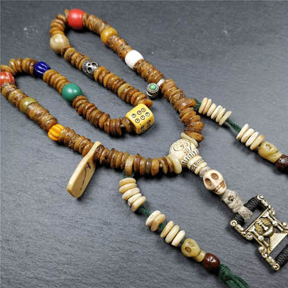 Old Kapala Skull Bone Mala,Disk Shape - Tibetan Buddhist mala beads, front view