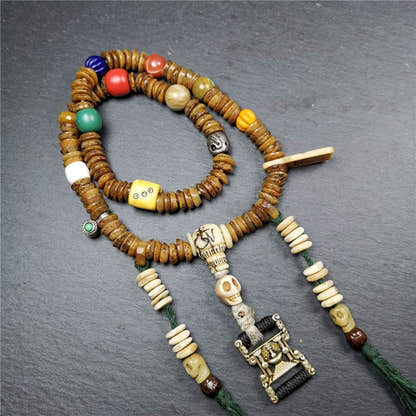 Old Kapala Skull Bone Mala,Disk Shape - Tibetan Buddhist mala beads, close-up detail
