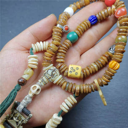 Old Kapala Skull Bone Mala,Disk Shape - Tibetan Buddhist mala beads, detailed view