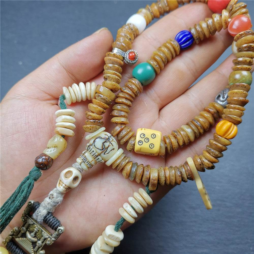 Old Kapala Skull Bone Mala,Disk Shape - Tibetan Buddhist mala beads, detailed view