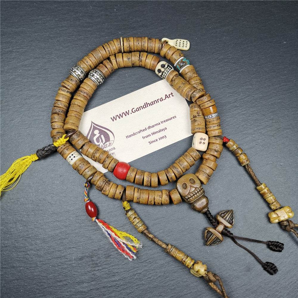 Old Kapala Skull Bone Mala - Tibetan Buddhist mala beads, front view