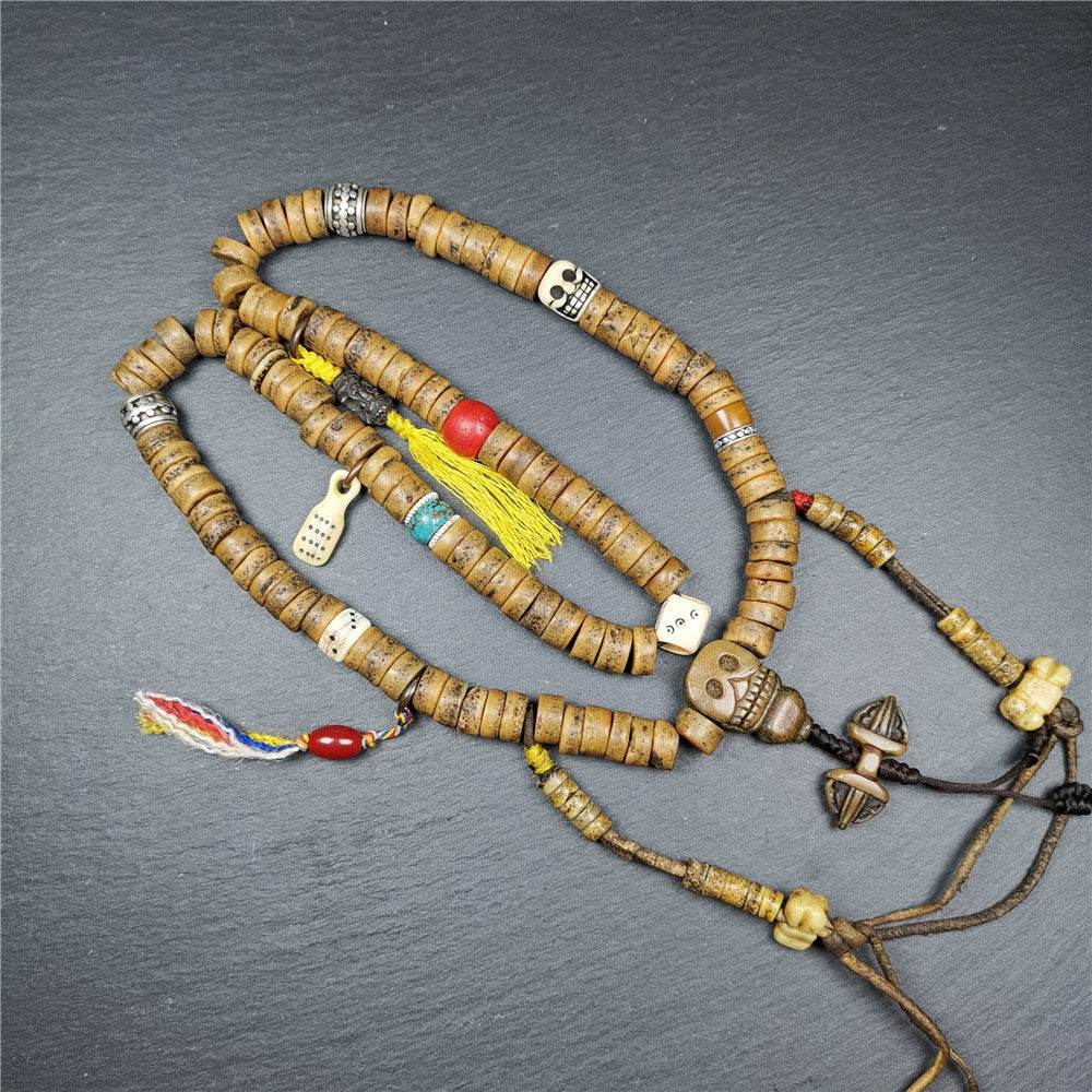 Old Kapala Skull Bone Mala - Tibetan Buddhist mala beads, detailed view