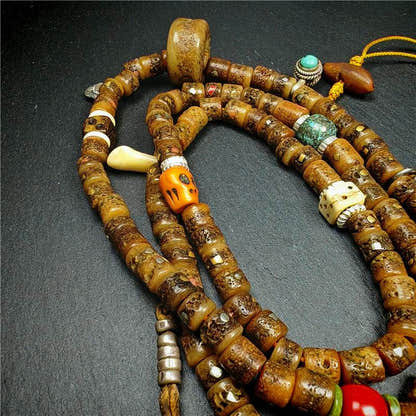 Old Kapala Skull Bone Mala - Tibetan Buddhist mala beads, close-up detail
