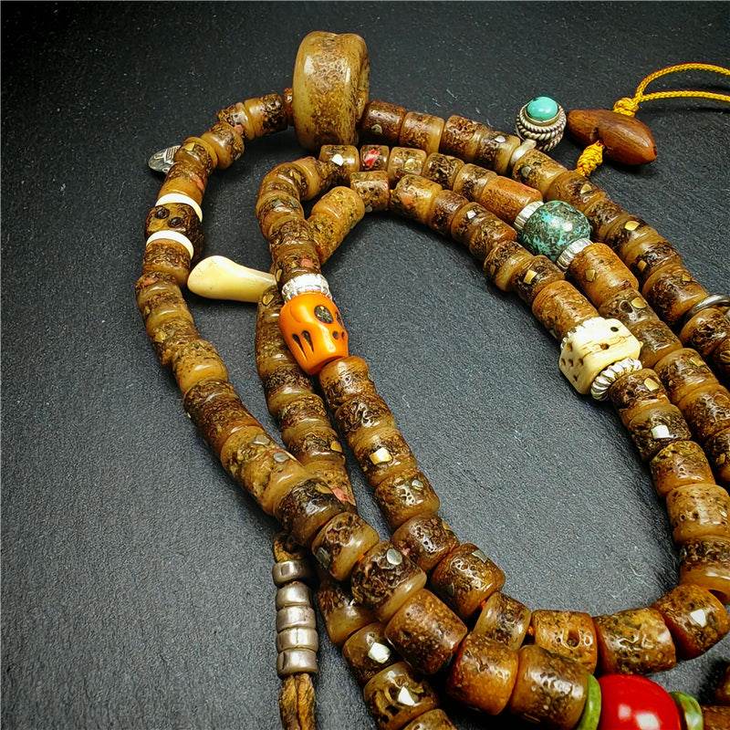 Old Kapala Skull Bone Mala - Tibetan Buddhist mala beads, close-up detail