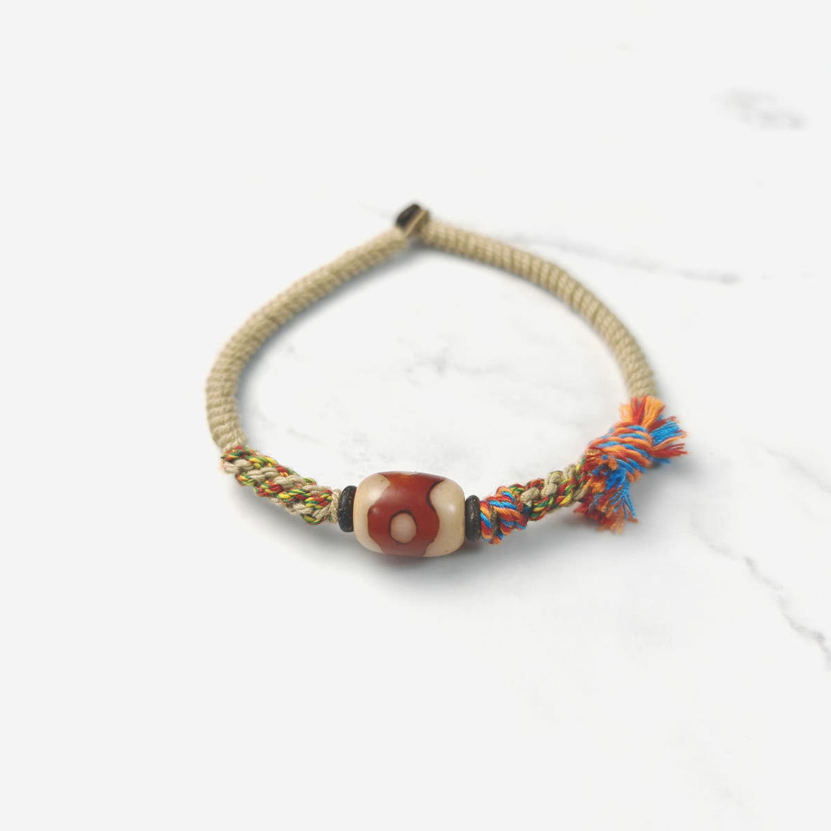 Hand Woven Bracelet with Fire Agate Tibetan 3 Eyes Mandala Dzi Beads - Tibetan dzi bead, view 8