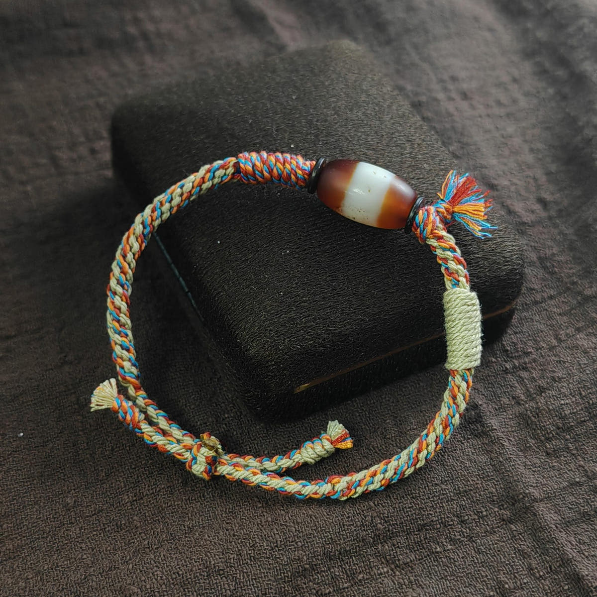 Hand Woven Bracelet with Fire Agate Tibetan Stripe Dzi Beads - Tibetan dzi bead, view 5