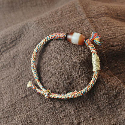 Hand Woven Bracelet with Fire Agate Tibetan Stripe Dzi Beads - Tibetan dzi bead, view 6