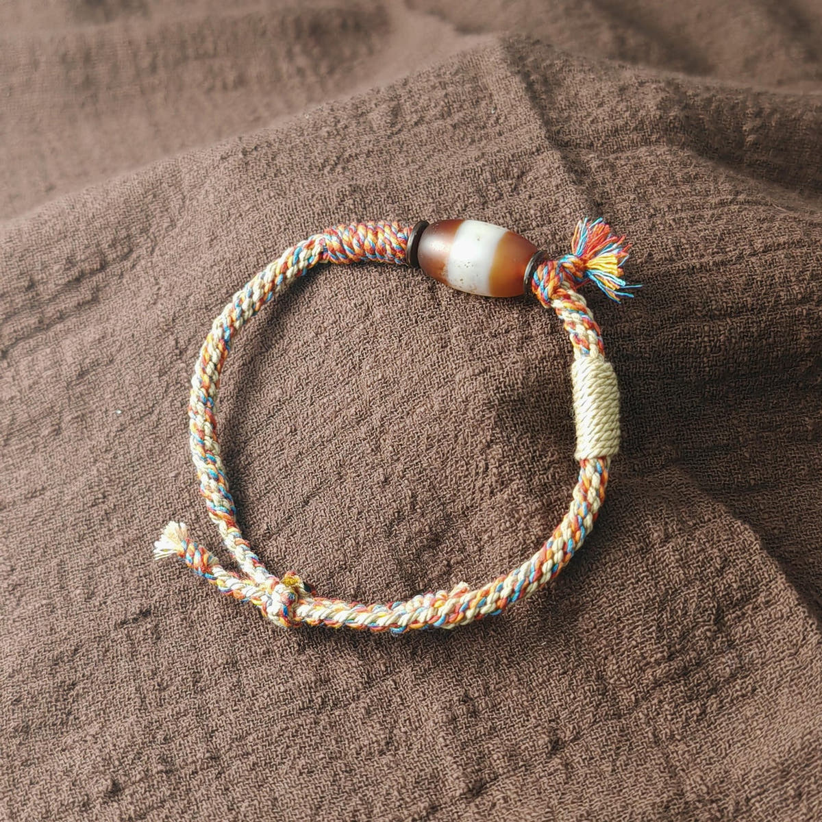 Hand Woven Bracelet with Fire Agate Tibetan Stripe Dzi Beads - Tibetan dzi bead, view 7