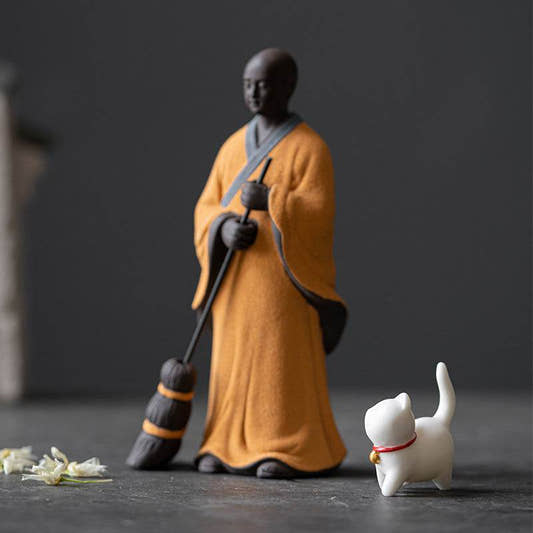 Sweeping Monk Buddha Statue - Tibetan Buddhist statue, front view