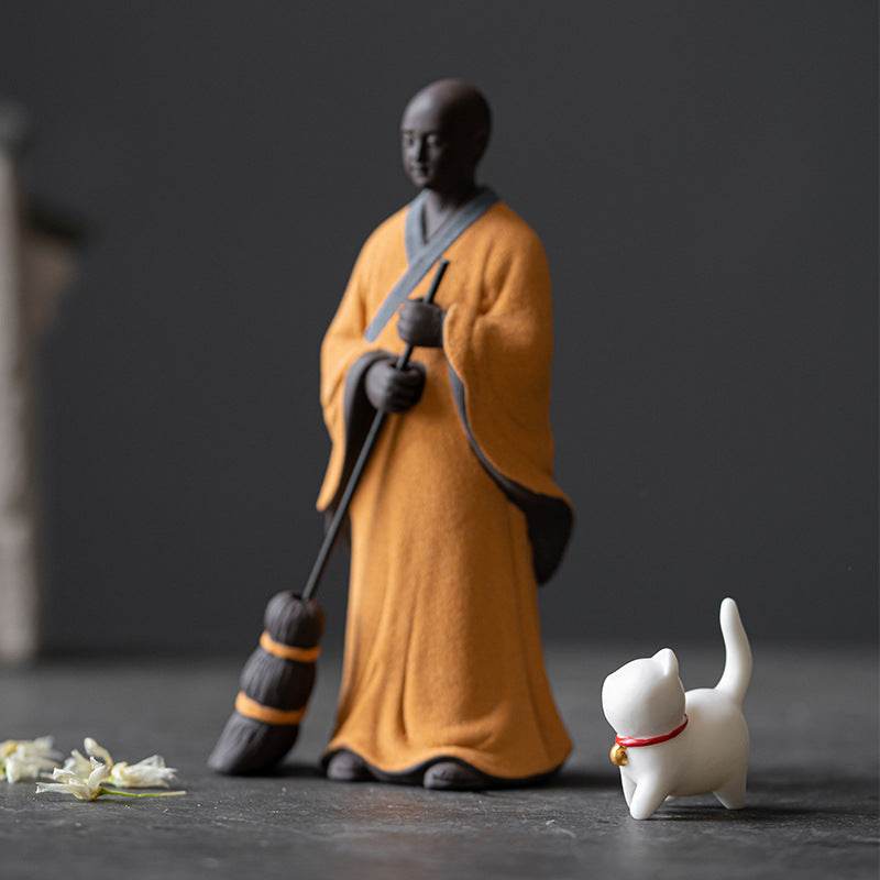 Sweeping Monk Buddha Statue - Tibetan Buddhist statue, front view