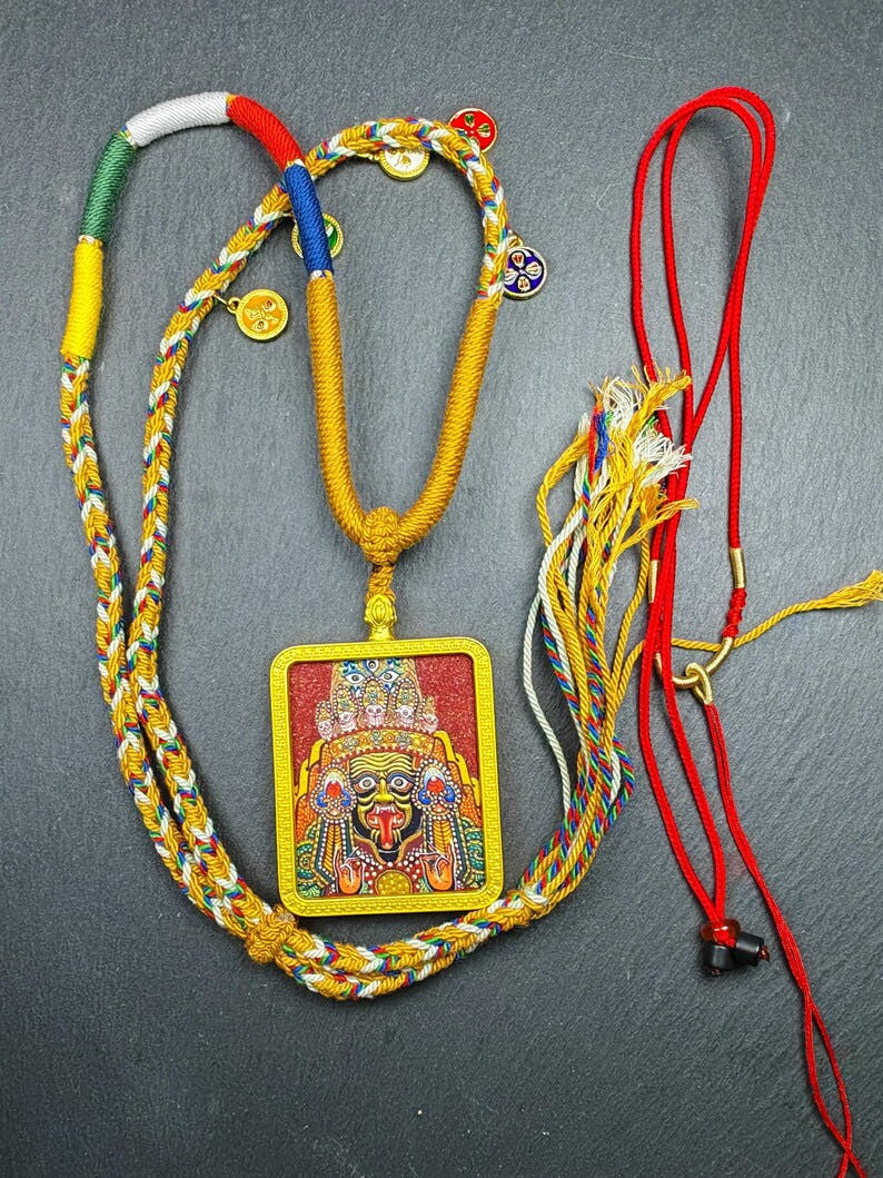 Hand-Painted Drashi Lhamo Amulet - Tibetan Buddhist amulet, front view