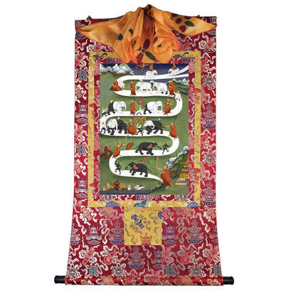 Samantha Tibetan Elephant Taming - Tibetan thangka painting, detailed view