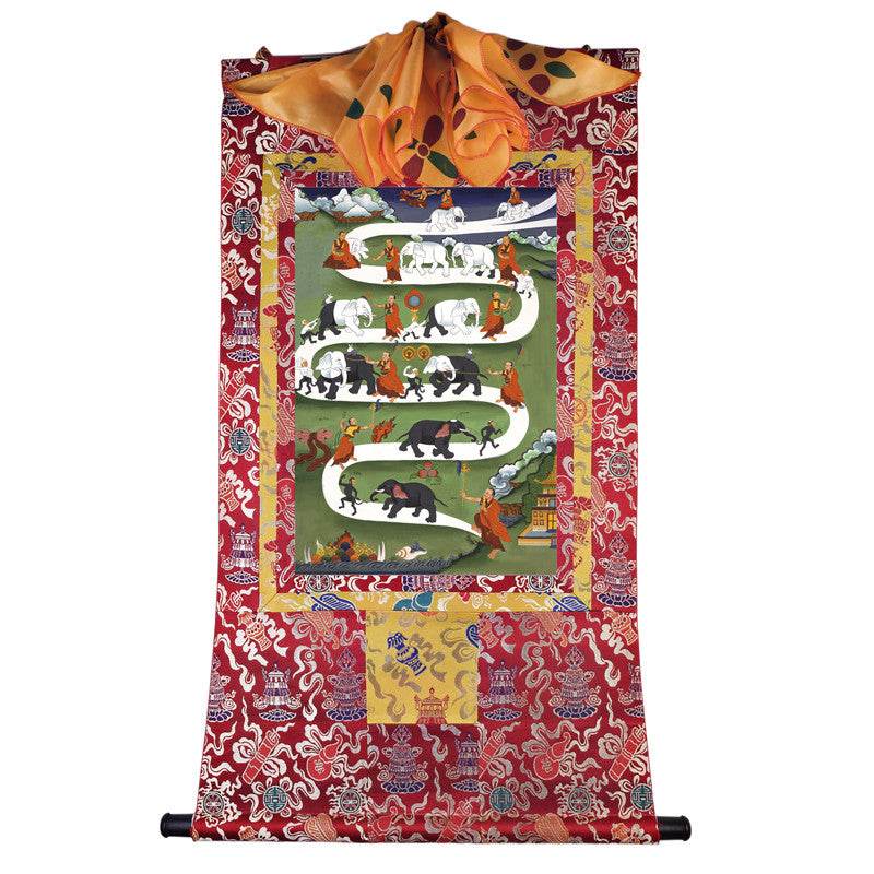 Samantha Tibetan Elephant Taming - Tibetan thangka painting, detailed view