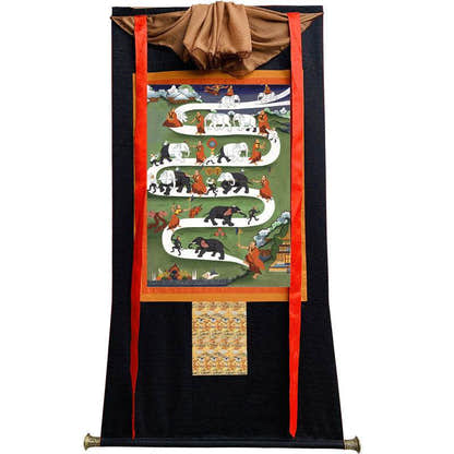 Samantha Tibetan Elephant Taming - Tibetan thangka painting, size reference