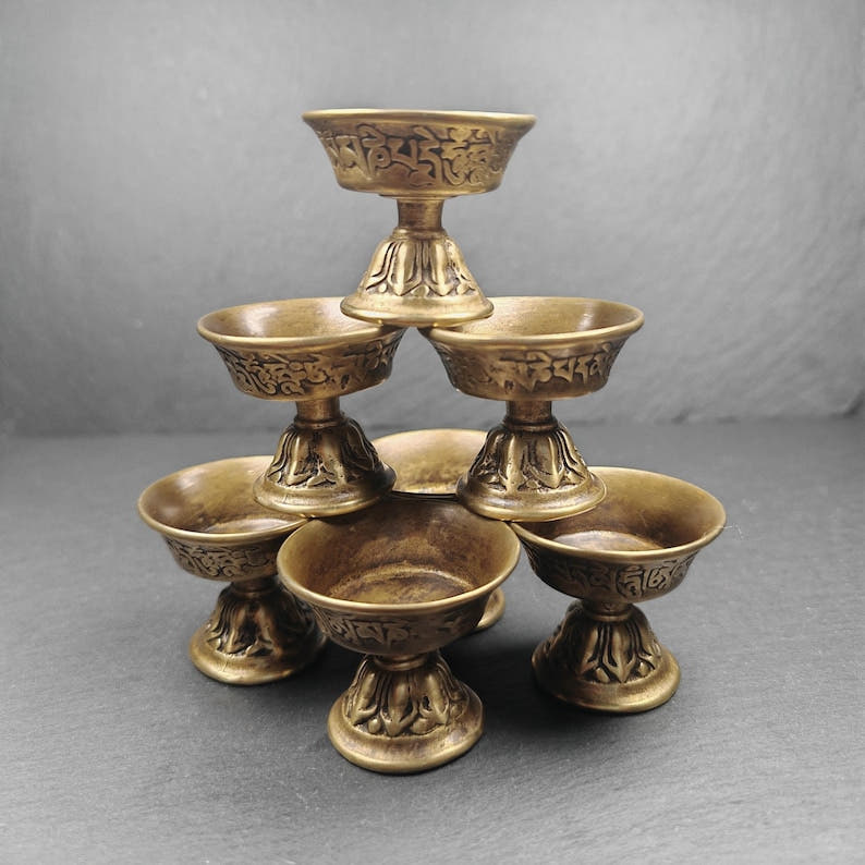 Tibetan Buddhist Offering Butter Lamps Set - Carved OM Mani Pademe Hum Letter -  - Tibetan Buddhist art, close-up detail
