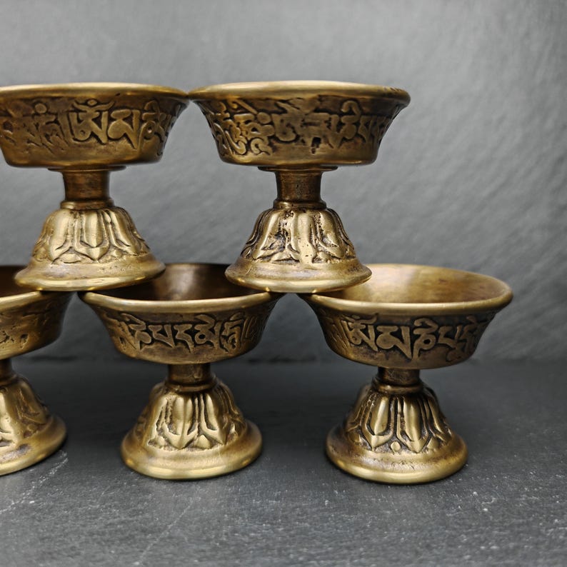 Tibetan Buddhist Offering Butter Lamps Set - Carved OM Mani Pademe Hum Letter -  - Tibetan Buddhist art, view 6