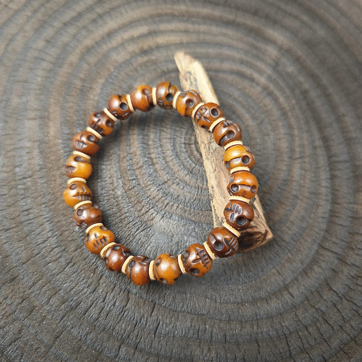 Tibetan Yak Bone Mala Beads Bracelet | Hand-Carved Citipati Skull Amulet for Meditation Prayer | Spiritual Gift for Him Her