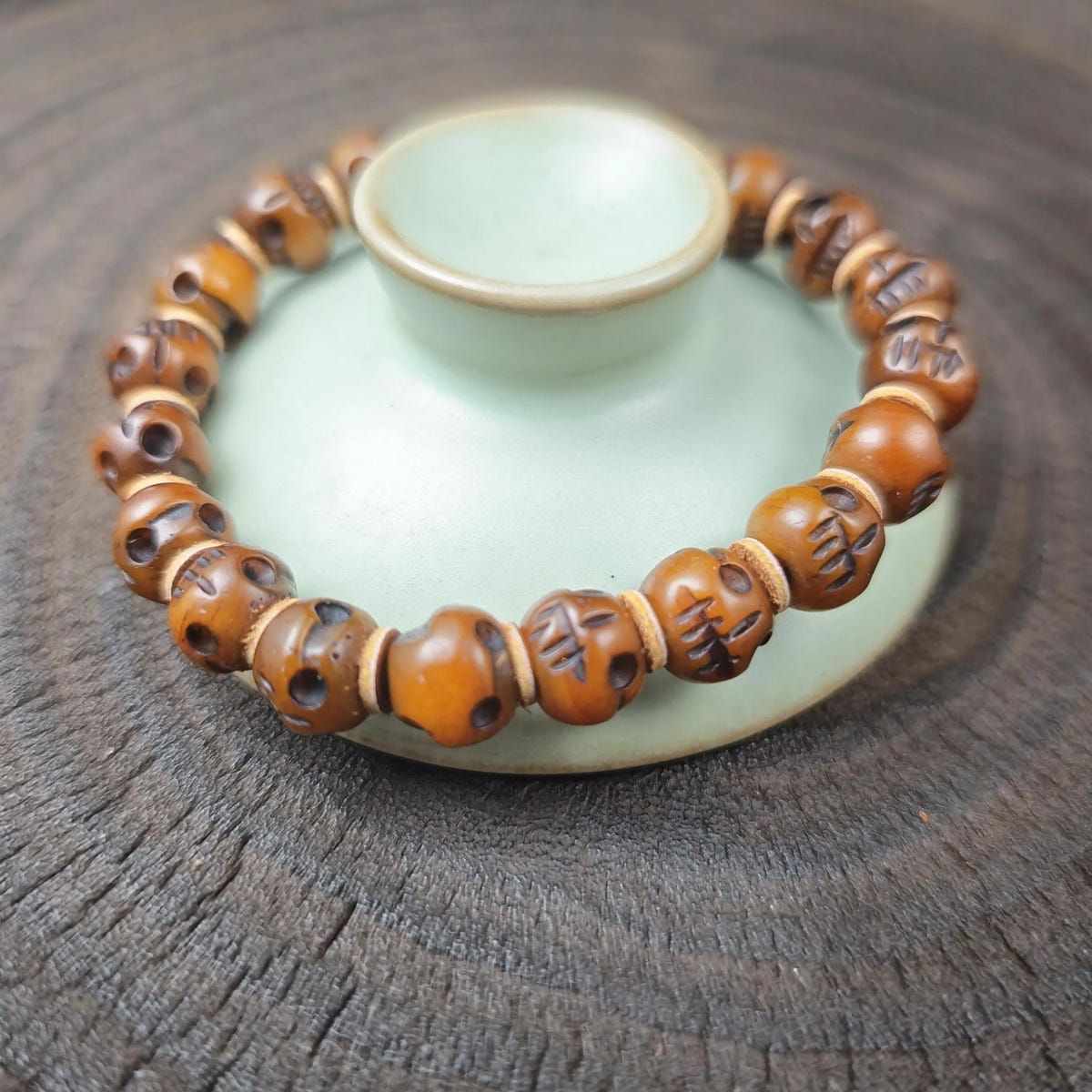 Tibetan Yak Bone Mala Beads Bracelet | Hand-Carved Citipati Skull Amulet for Meditation Prayer | Spiritual Gift for Him Her