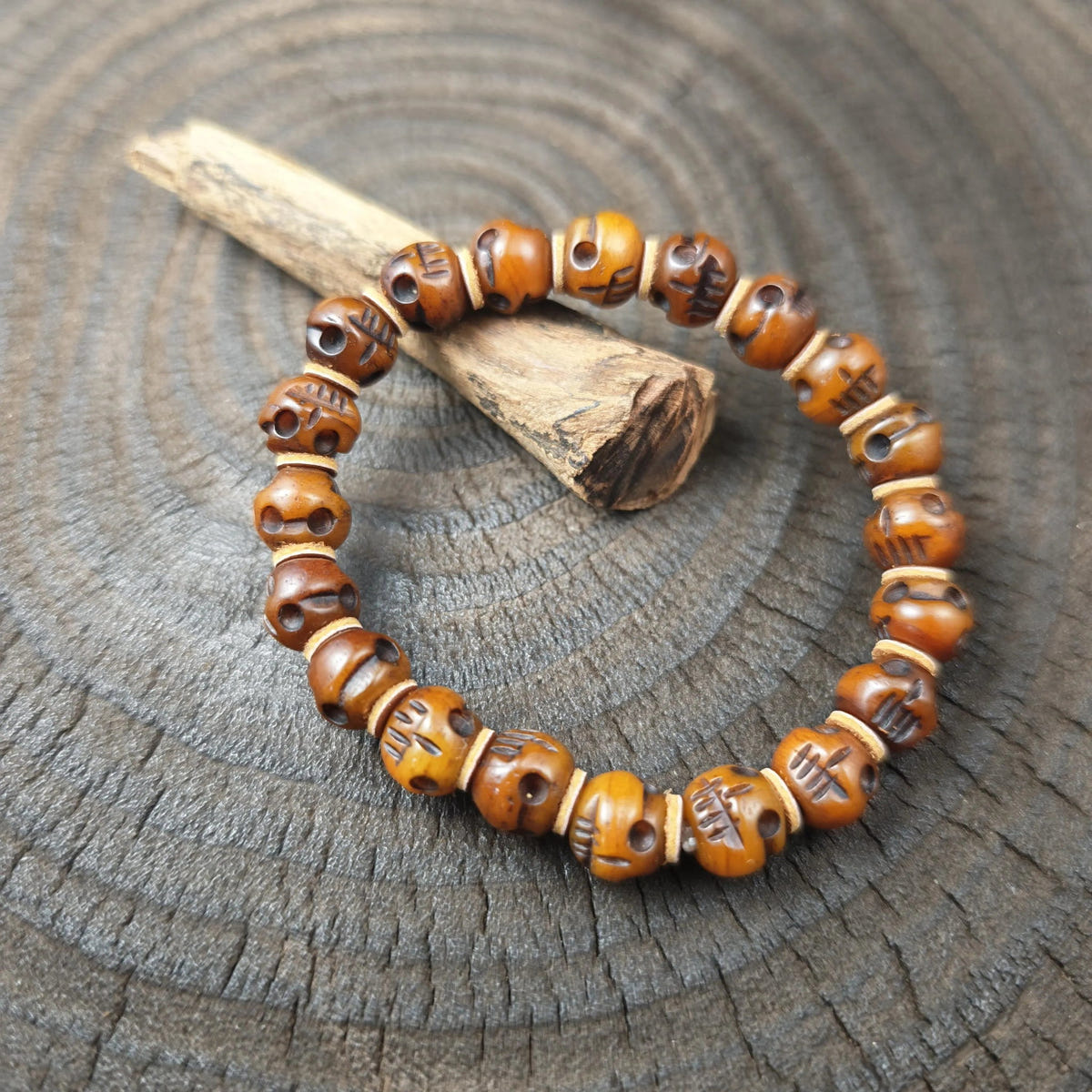 Tibetan Yak Bone Mala Beads Bracelet | Hand-Carved Citipati Skull Amulet for Meditation Prayer | Spiritual Gift for Him Her