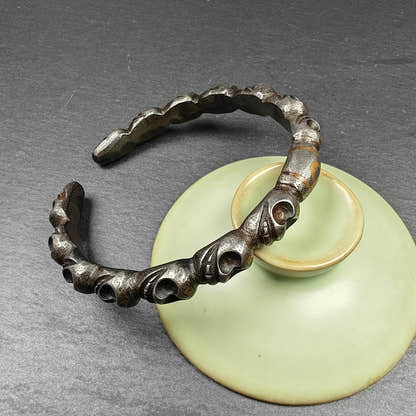 Tibetan Citipati Skull Bangle,Cold Iron Cuff Bracelet - Tibetan Buddhist art, close-up detail