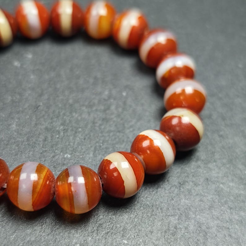 Red Medicine Buddha Dzi Wrist Mala Decades Old - Tibetan Buddhist mala beads, view 5
